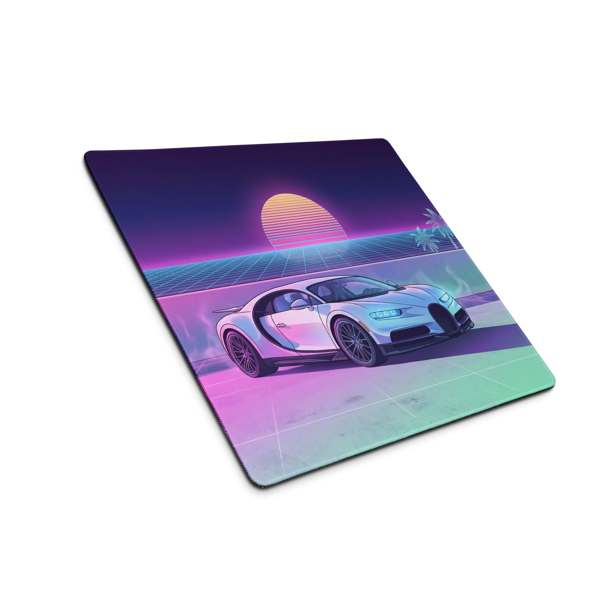 Bugatti Chiron Inspired White Pink Vaporwave Gaming Mouse Pad – Neon Sunset Grid Desk Mat, Retro Futuristic Luxury Hypercar Digital Artwork
