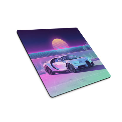 Bugatti Chiron Inspired White Pink Vaporwave Gaming Mouse Pad – Neon Sunset Grid Desk Mat, Retro Futuristic Luxury Hypercar Digital Artwork