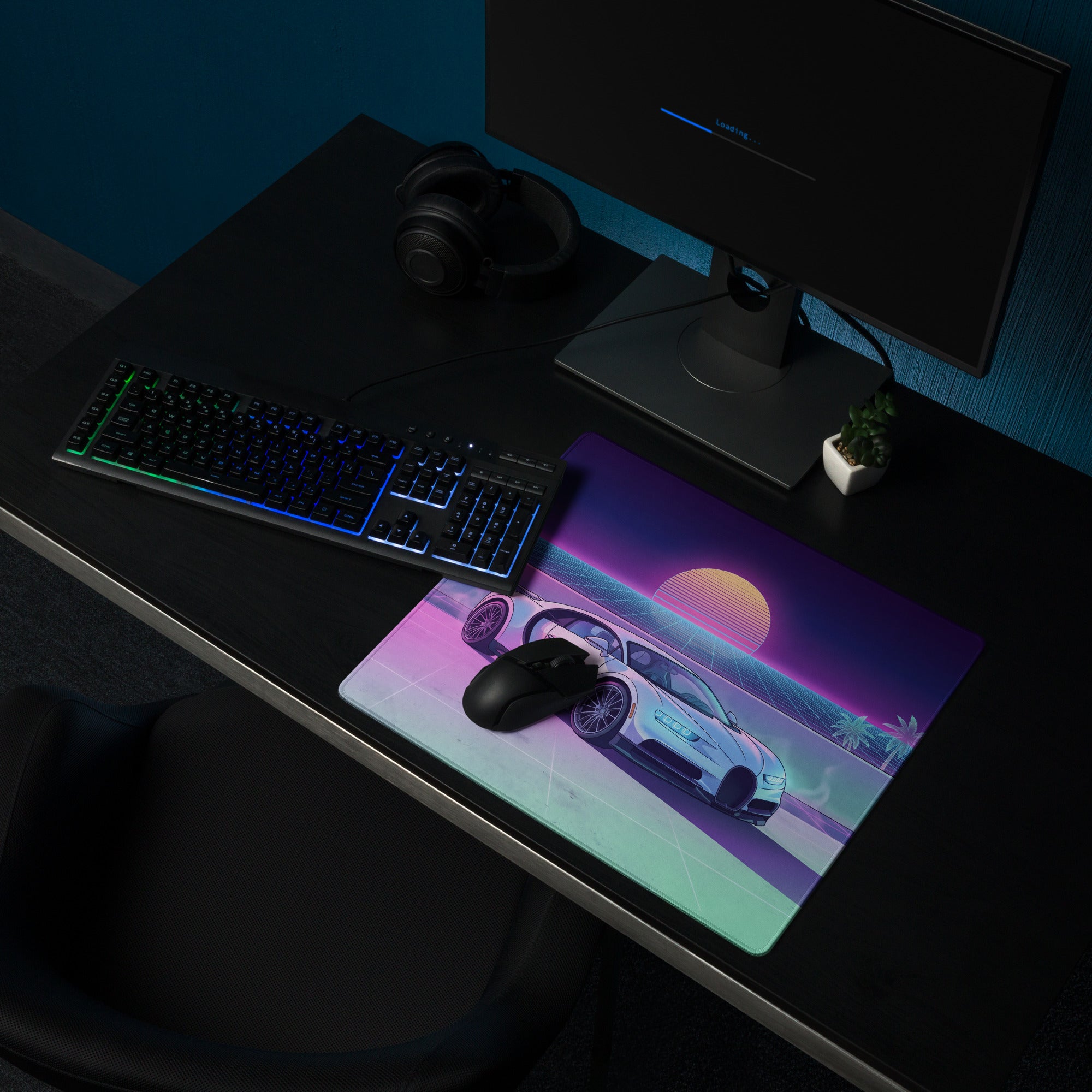 Bugatti Chiron Inspired White Pink Vaporwave Gaming Mouse Pad – Neon Sunset Grid Desk Mat, Retro Futuristic Luxury Hypercar Digital Artwork