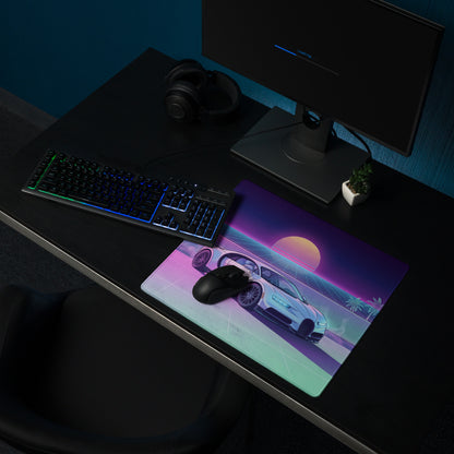 Bugatti Chiron Inspired White Pink Vaporwave Gaming Mouse Pad – Neon Sunset Grid Desk Mat, Retro Futuristic Luxury Hypercar Digital Artwork