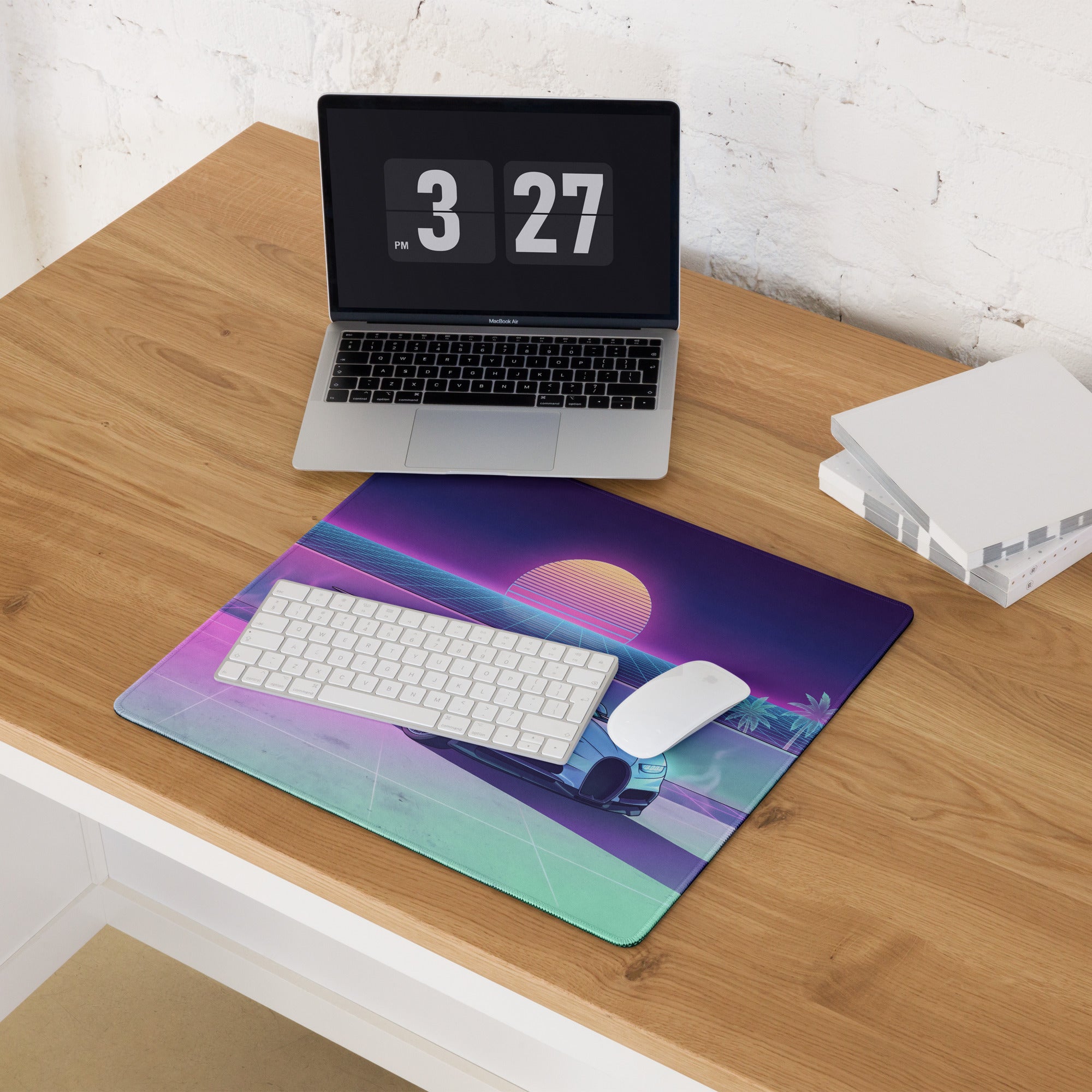 Bugatti Chiron Inspired White Pink Vaporwave Gaming Mouse Pad – Neon Sunset Grid Desk Mat, Retro Futuristic Luxury Hypercar Digital Artwork