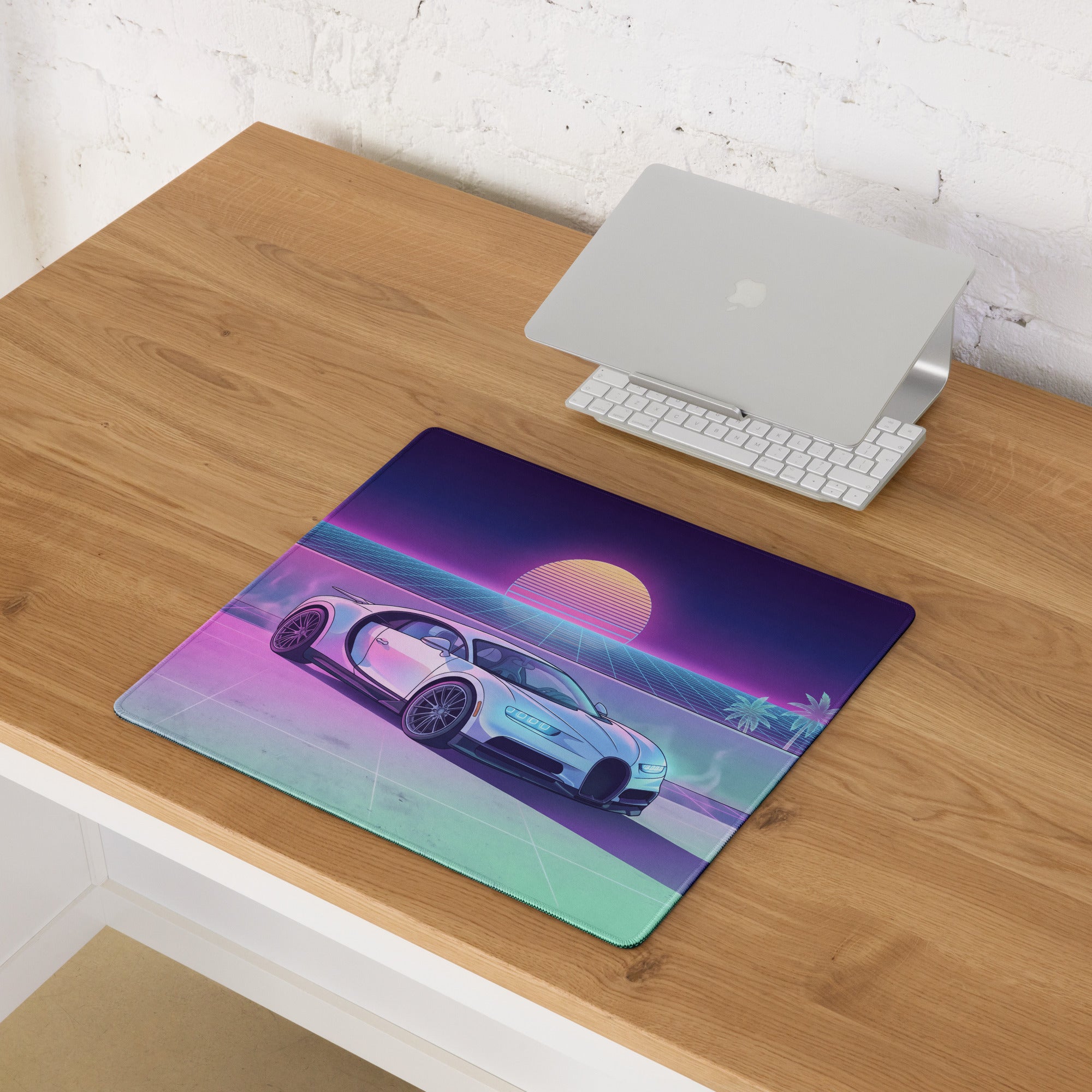 Bugatti Chiron Inspired White Pink Vaporwave Gaming Mouse Pad – Neon Sunset Grid Desk Mat, Retro Futuristic Luxury Hypercar Digital Artwork