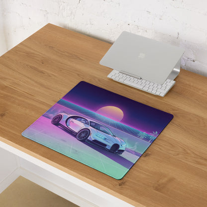 Bugatti Chiron Inspired White Pink Vaporwave Gaming Mouse Pad – Neon Sunset Grid Desk Mat, Retro Futuristic Luxury Hypercar Digital Artwork