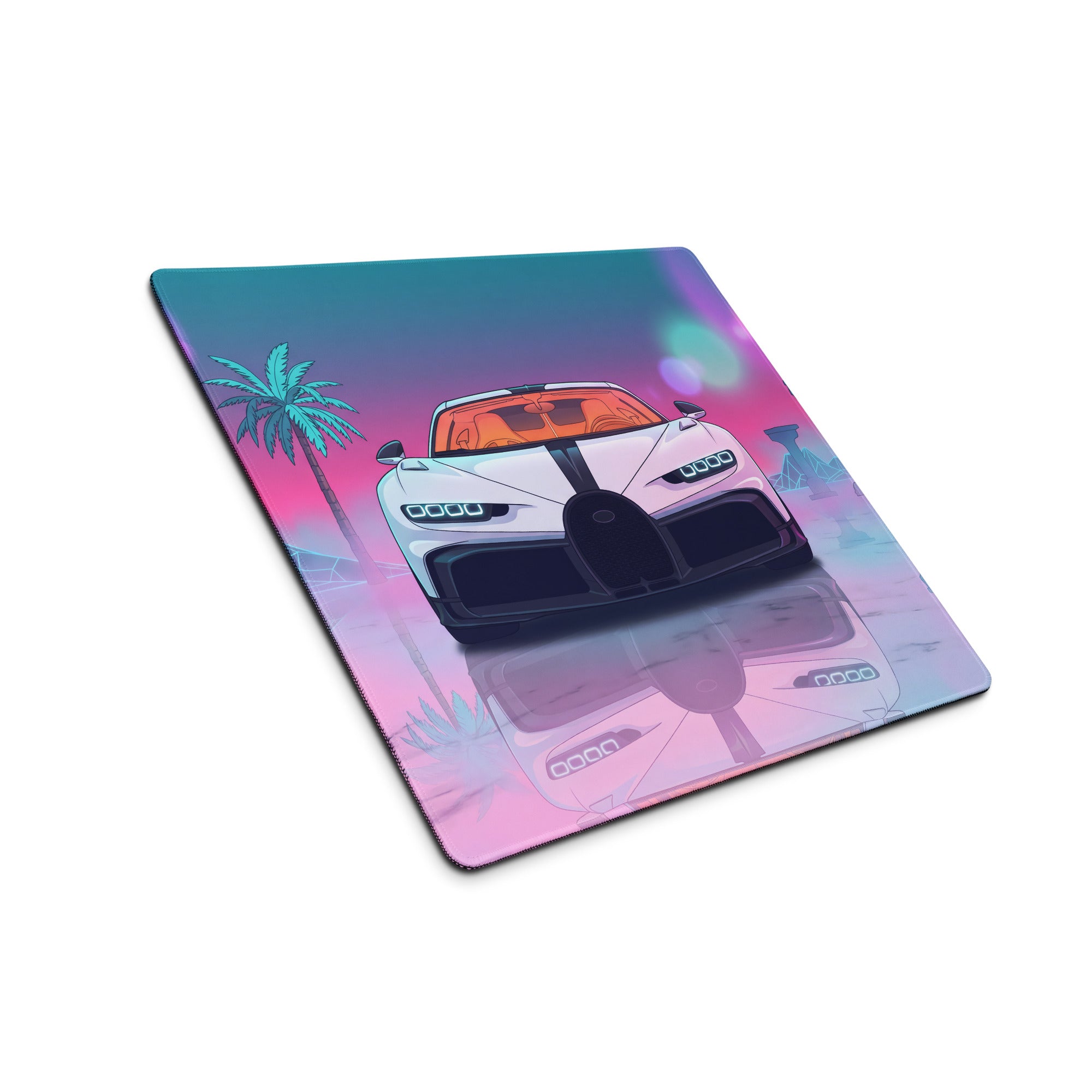 Bugatti Chiron Super Sport Inspired White Pink Vaporwave Gaming Mouse Pad – Neon Tropical Ruins Desk Mat, Retro Futuristic Hypercar Digital Art