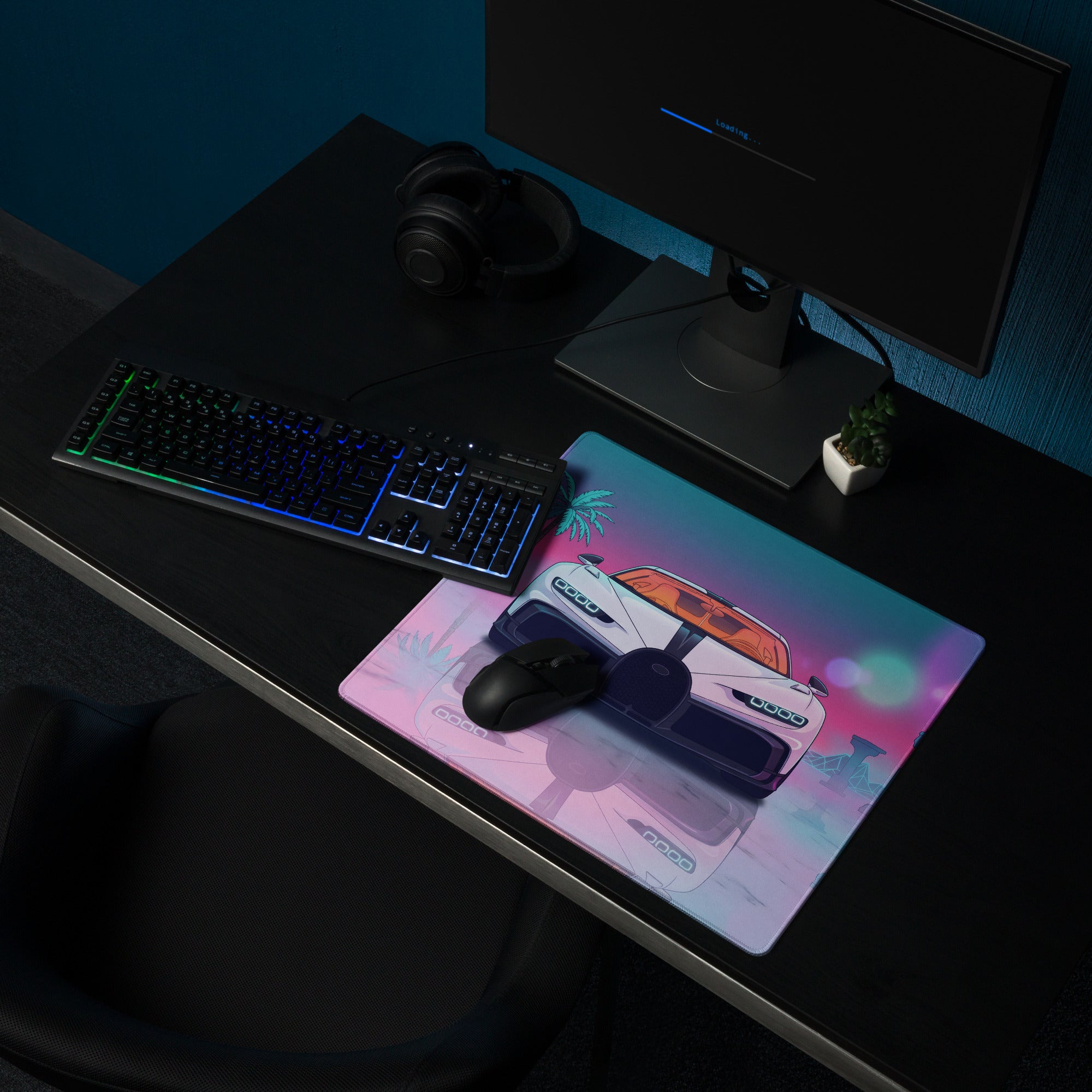Bugatti Chiron Super Sport Inspired White Pink Vaporwave Gaming Mouse Pad – Neon Tropical Ruins Desk Mat, Retro Futuristic Hypercar Digital Art