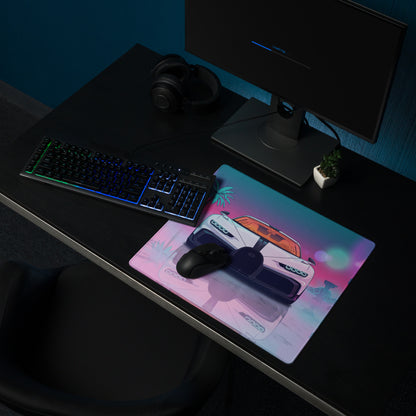 Bugatti Chiron Super Sport Inspired White Pink Vaporwave Gaming Mouse Pad – Neon Tropical Ruins Desk Mat, Retro Futuristic Hypercar Digital Art