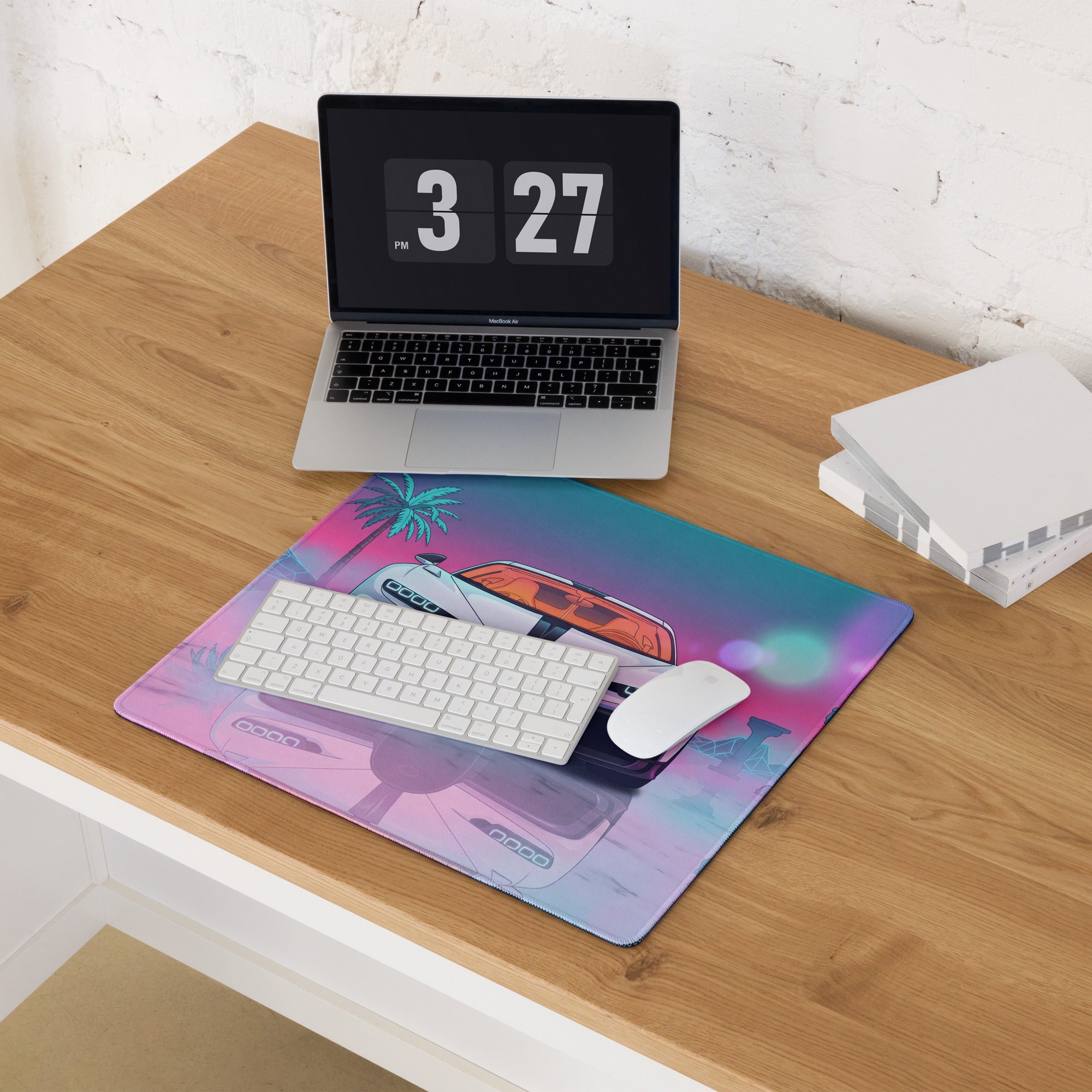 Bugatti Chiron Super Sport Inspired White Pink Vaporwave Gaming Mouse Pad – Neon Tropical Ruins Desk Mat, Retro Futuristic Hypercar Digital Art