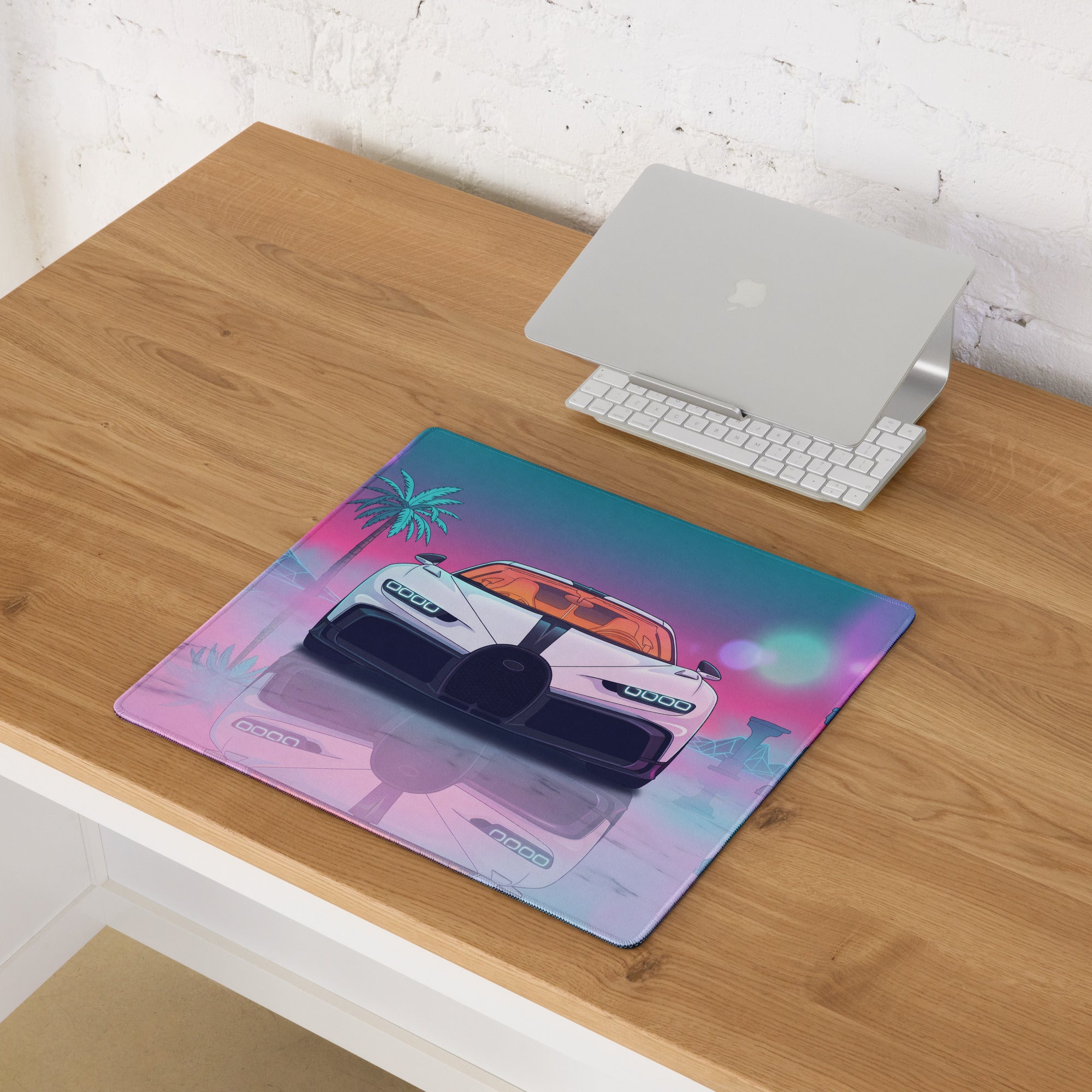 Bugatti Chiron Super Sport Inspired White Pink Vaporwave Gaming Mouse Pad – Neon Tropical Ruins Desk Mat, Retro Futuristic Hypercar Digital Art