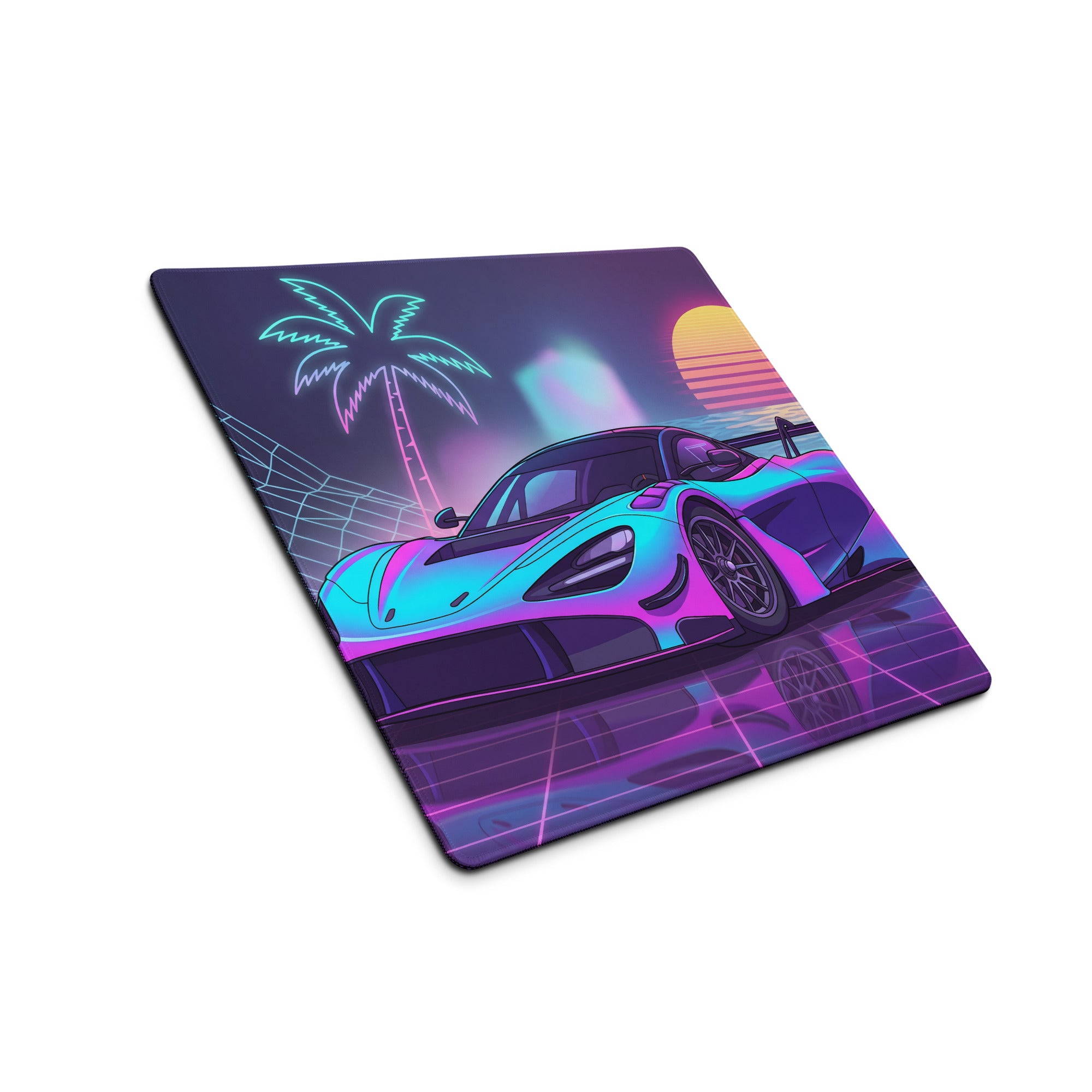 McLaren 720S GT3 Inspired Cyan Pink Vaporwave Gaming Mouse Pad – Neon Sunset Grid Desk Mat, Retro Futuristic Race Car Digital Artwork