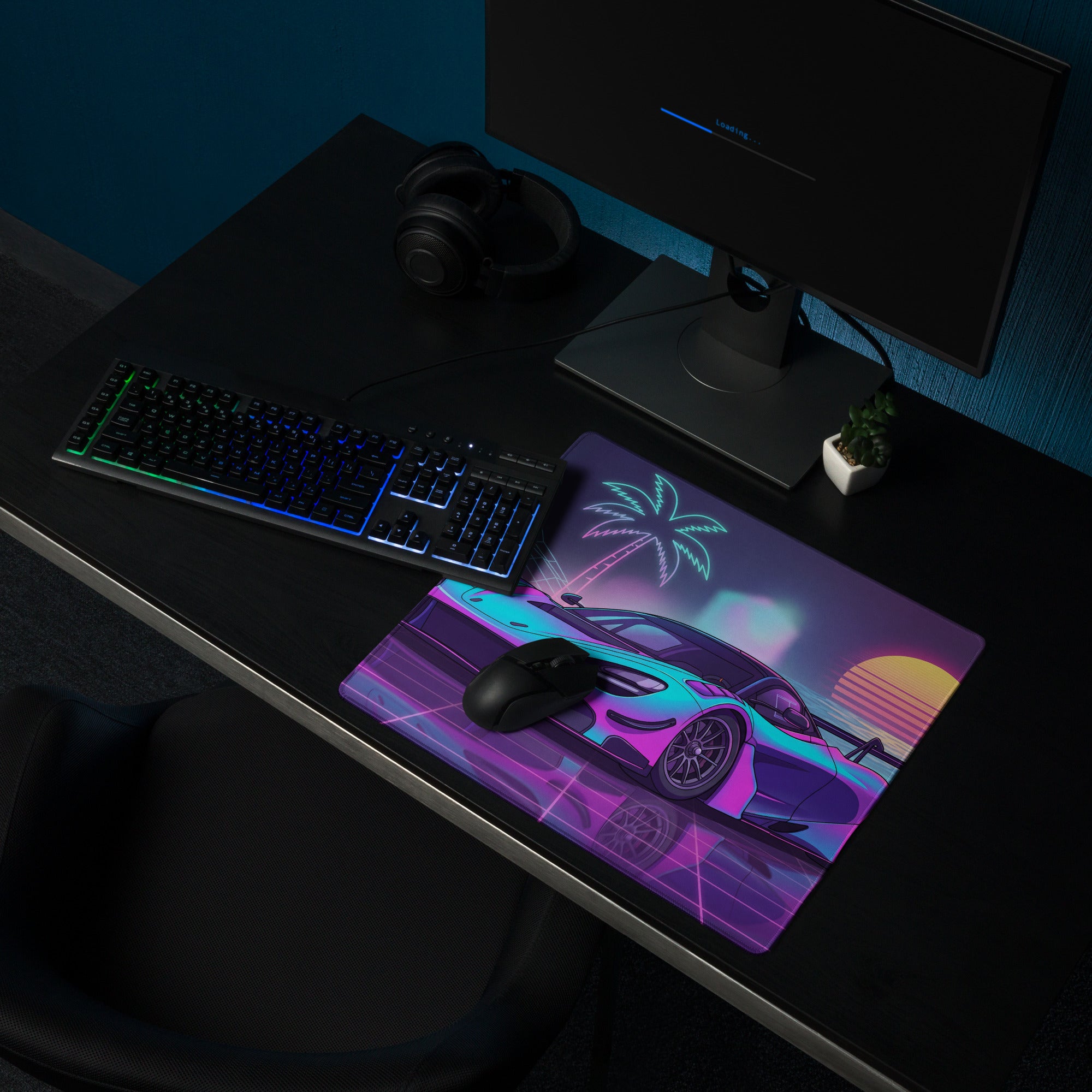 McLaren 720S GT3 Inspired Cyan Pink Vaporwave Gaming Mouse Pad – Neon Sunset Grid Desk Mat, Retro Futuristic Race Car Digital Artwork
