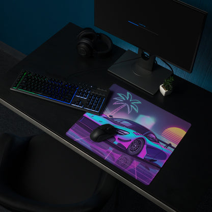 McLaren 720S GT3 Inspired Cyan Pink Vaporwave Gaming Mouse Pad – Neon Sunset Grid Desk Mat, Retro Futuristic Race Car Digital Artwork