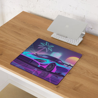 McLaren 720S GT3 Inspired Cyan Pink Vaporwave Gaming Mouse Pad – Neon Sunset Grid Desk Mat, Retro Futuristic Race Car Digital Artwork