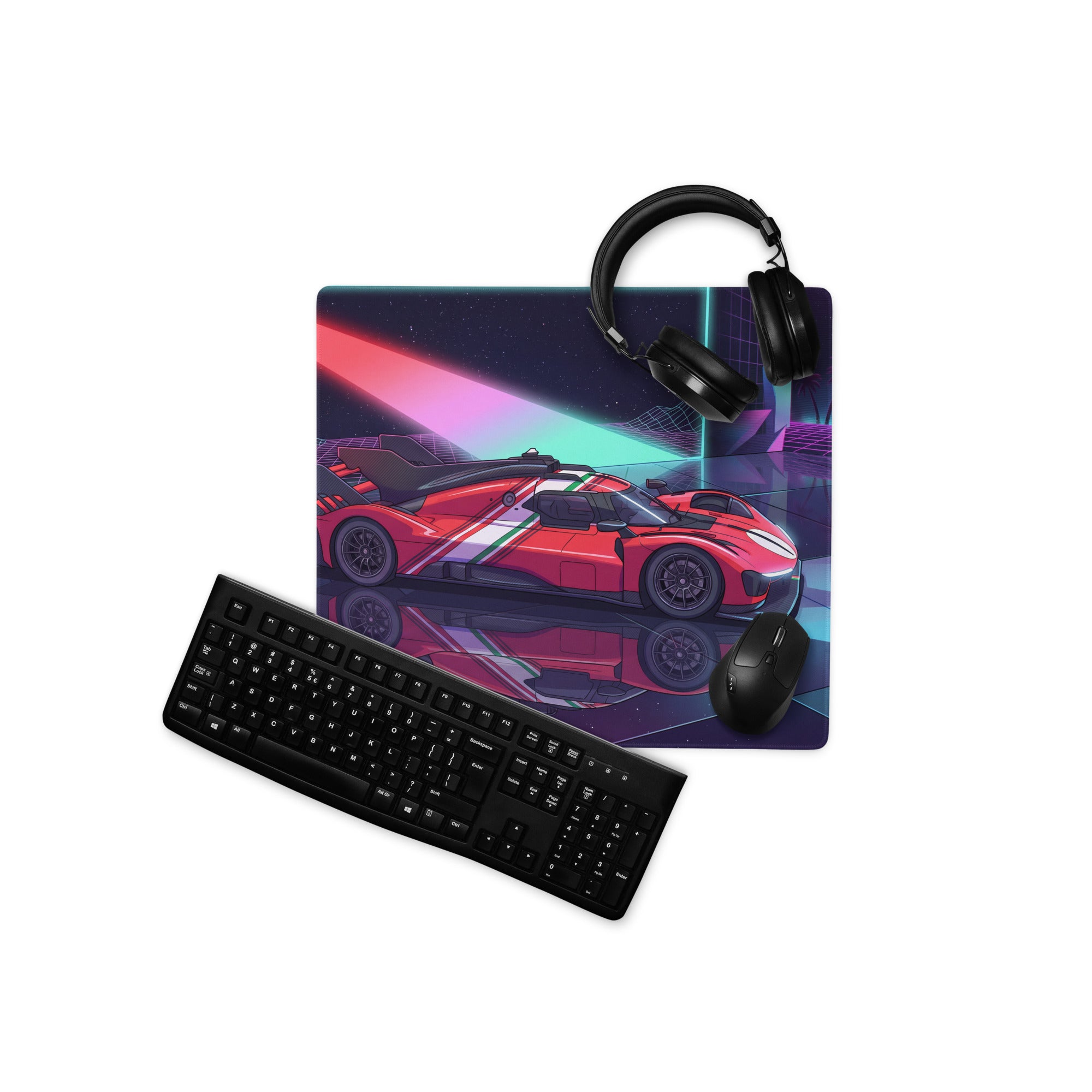 Ferrari 499P Inspired Red Purple Vaporwave Gaming Mouse Pad – Neon Retro Racing Garage Desk Mat, Futuristic Le Mans Hypercar Digital Artwork