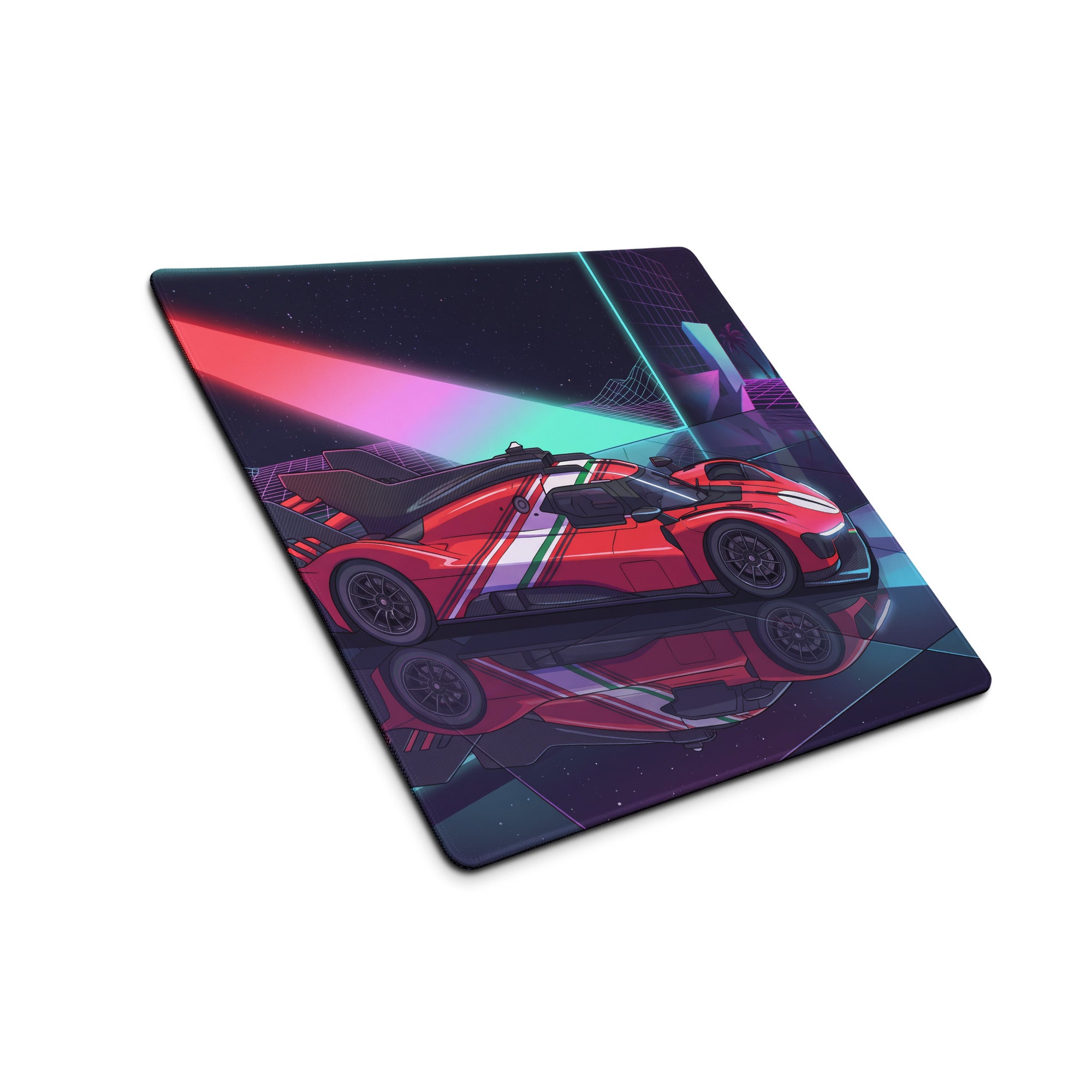 Ferrari 499P Inspired Red Purple Vaporwave Gaming Mouse Pad – Neon Retro Racing Garage Desk Mat, Futuristic Le Mans Hypercar Digital Artwork