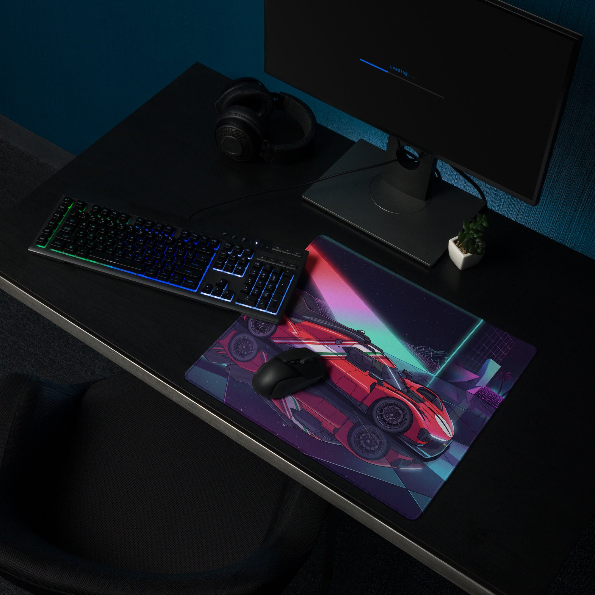 Ferrari 499P Inspired Red Purple Vaporwave Gaming Mouse Pad – Neon Retro Racing Garage Desk Mat, Futuristic Le Mans Hypercar Digital Artwork