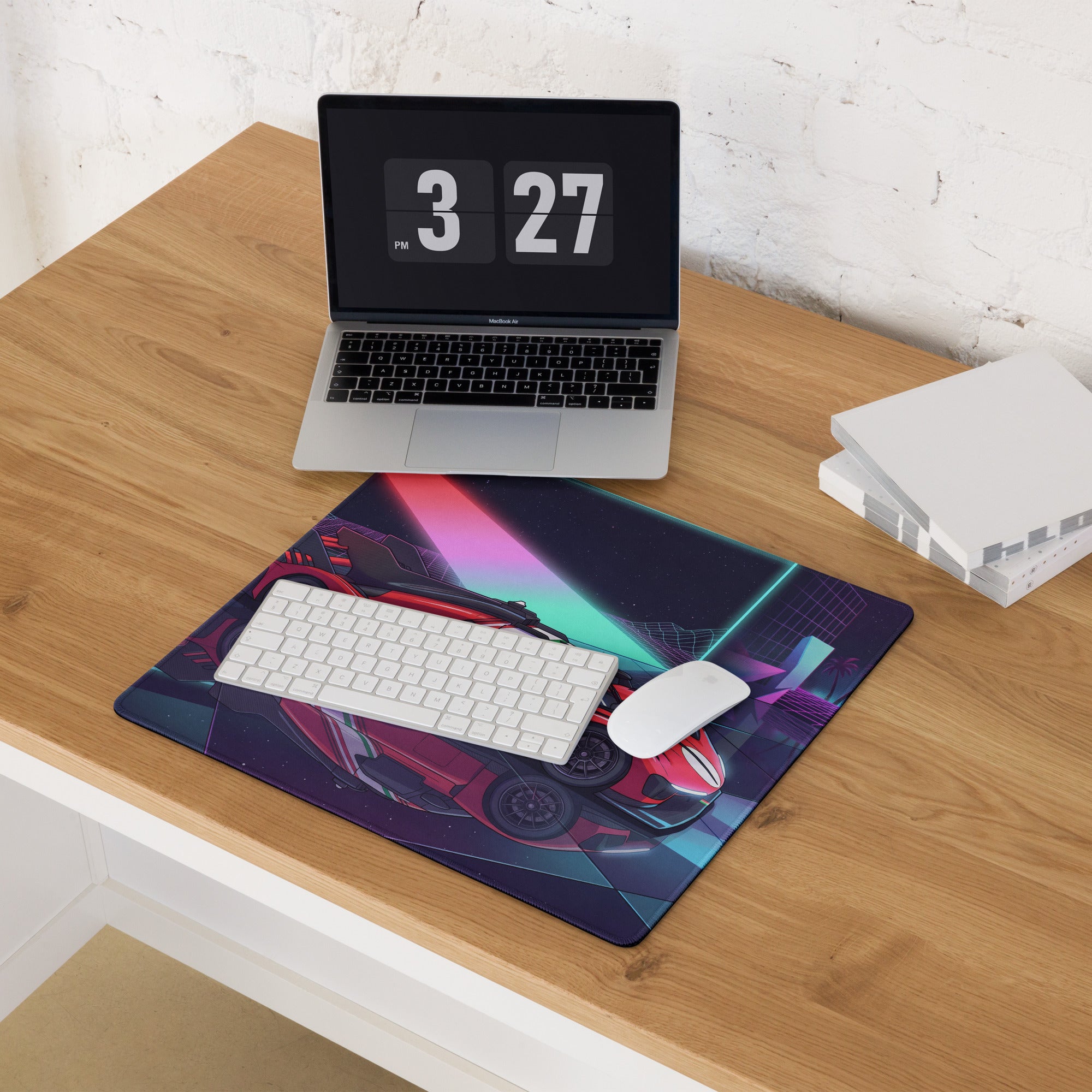 Ferrari 499P Inspired Red Purple Vaporwave Gaming Mouse Pad – Neon Retro Racing Garage Desk Mat, Futuristic Le Mans Hypercar Digital Artwork