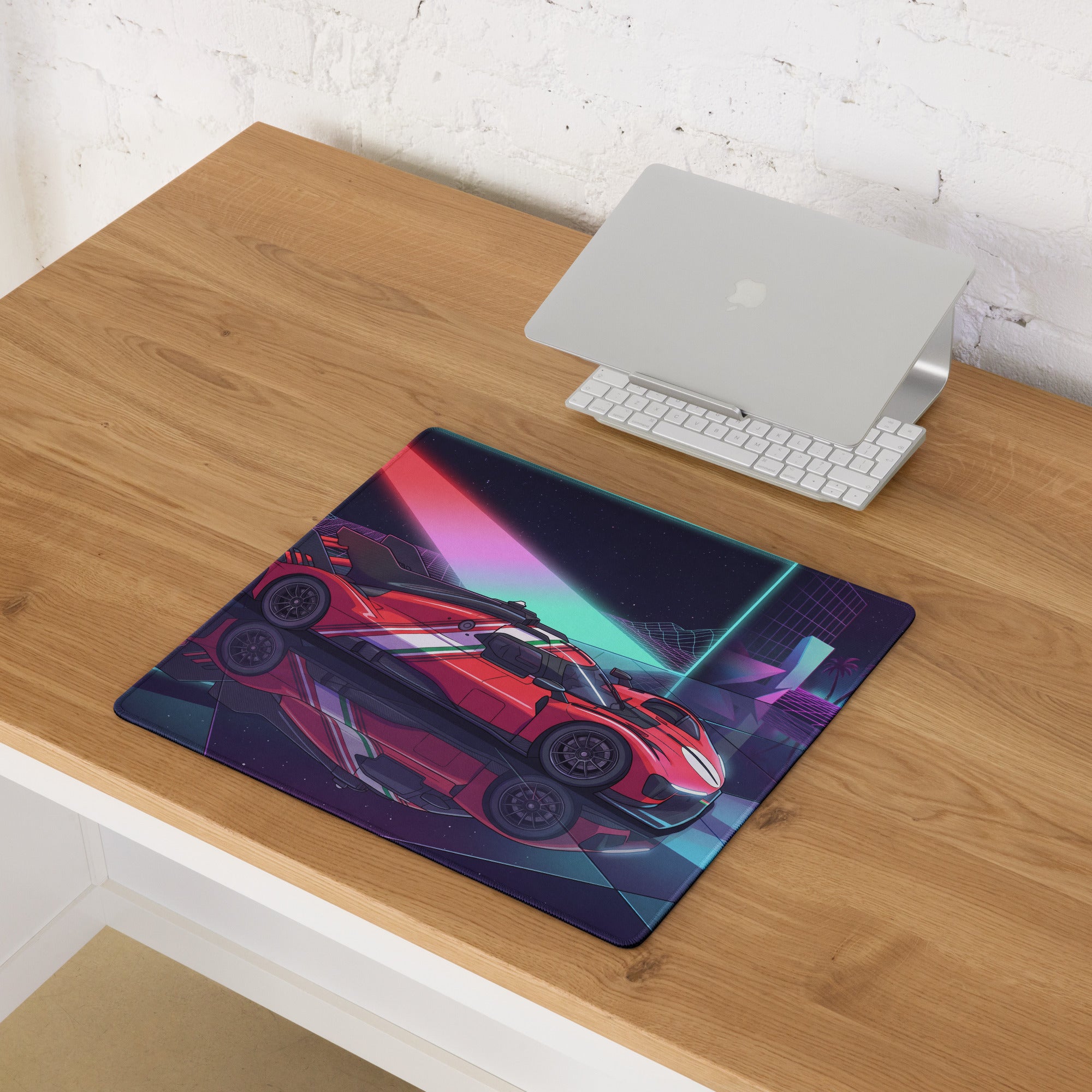 Ferrari 499P Inspired Red Purple Vaporwave Gaming Mouse Pad – Neon Retro Racing Garage Desk Mat, Futuristic Le Mans Hypercar Digital Artwork