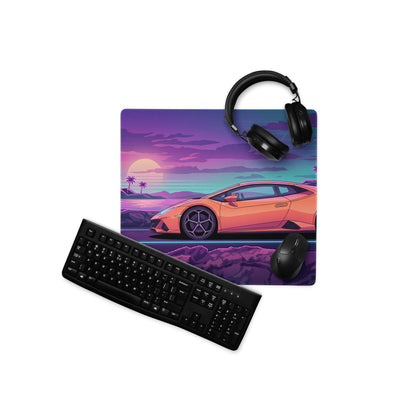 Lamborghini Huracán Inspired Orange Purple Vaporwave Gaming Mouse Pad – Neon Coastal Sunset Desk Mat, Retro Futuristic Supercar Digital Art