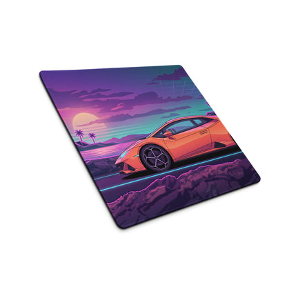 Lamborghini Huracán Inspired Orange Purple Vaporwave Gaming Mouse Pad – Neon Coastal Sunset Desk Mat, Retro Futuristic Supercar Digital Art