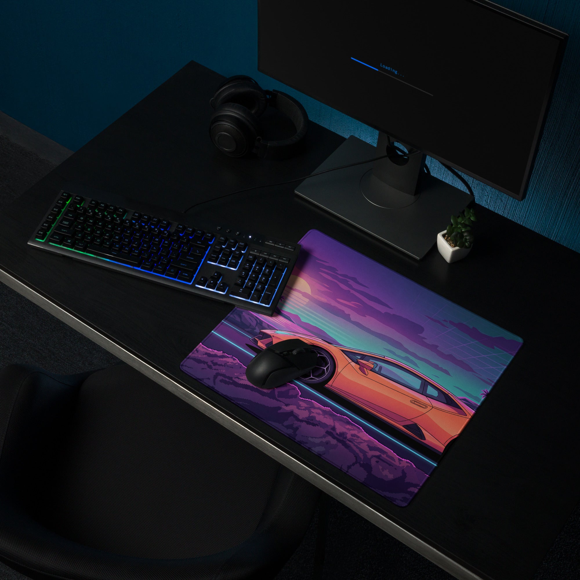 Lamborghini Huracán Inspired Orange Purple Vaporwave Gaming Mouse Pad – Neon Coastal Sunset Desk Mat, Retro Futuristic Supercar Digital Art