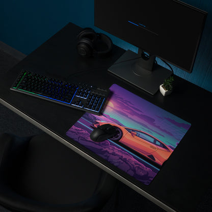 Lamborghini Huracán Inspired Orange Purple Vaporwave Gaming Mouse Pad – Neon Coastal Sunset Desk Mat, Retro Futuristic Supercar Digital Art