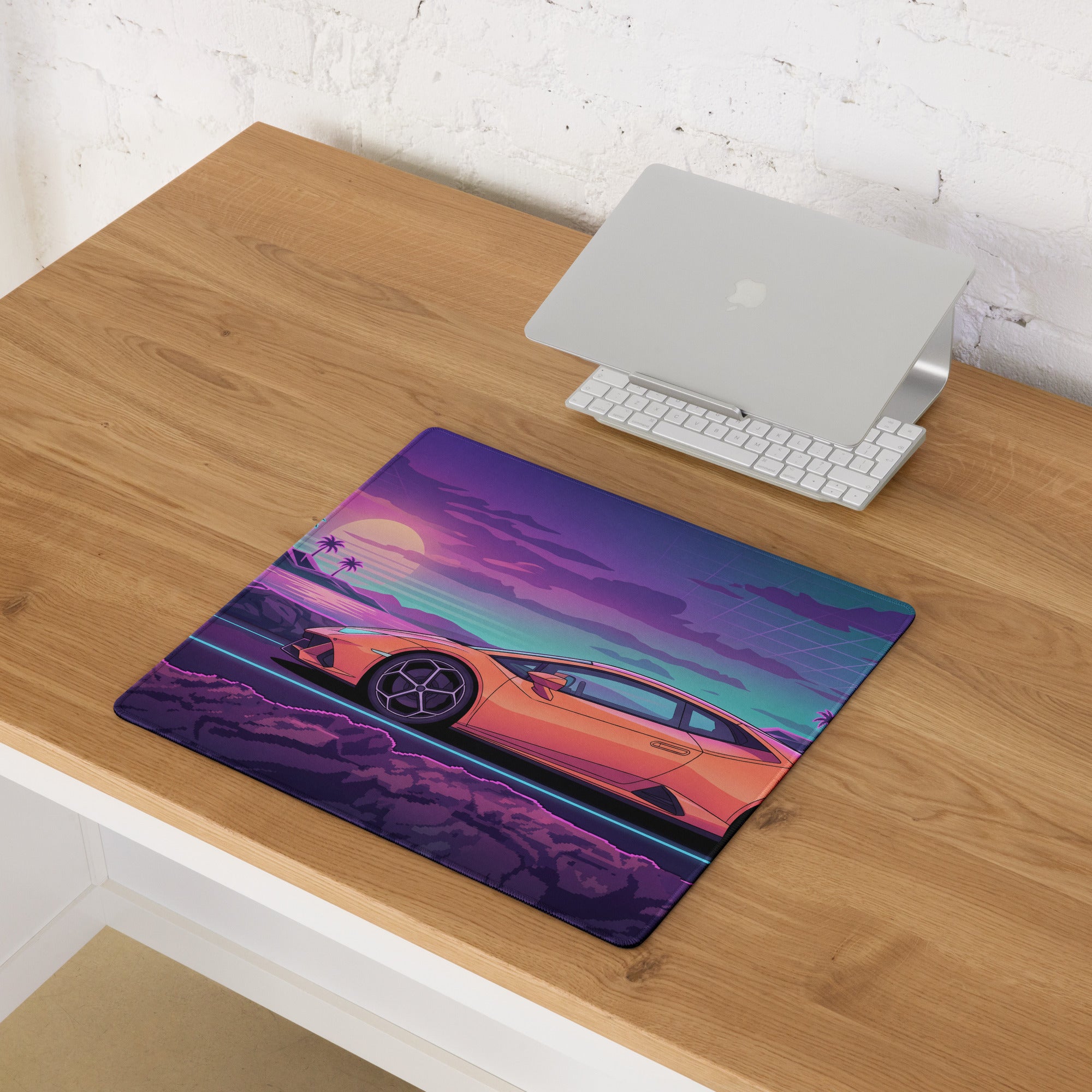 Lamborghini Huracán Inspired Orange Purple Vaporwave Gaming Mouse Pad – Neon Coastal Sunset Desk Mat, Retro Futuristic Supercar Digital Art