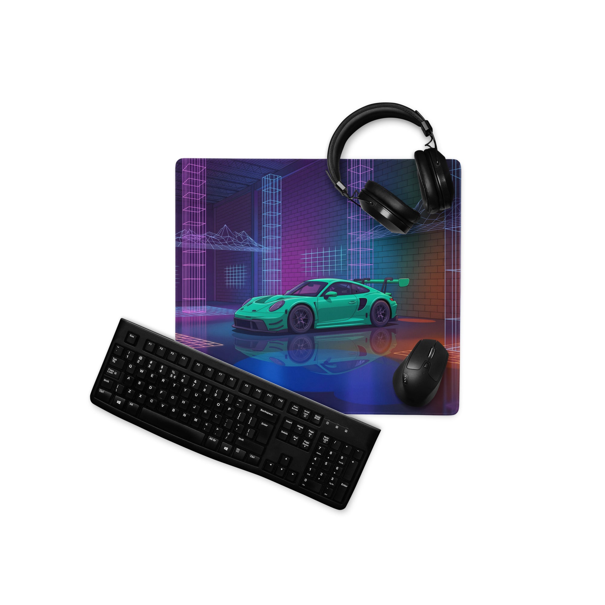 Porsche 911 GT3 RS Inspired Green Vaporwave Gaming Mouse Pad – Neon Cyberpunk Grid Showroom Desk Mat with Retro Futuristic Synthwave Art