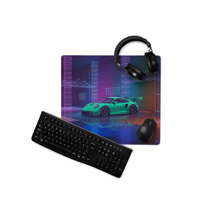 Porsche 911 GT3 RS Inspired Green Vaporwave Gaming Mouse Pad – Neon Cyberpunk Grid Showroom Desk Mat with Retro Futuristic Synthwave Art