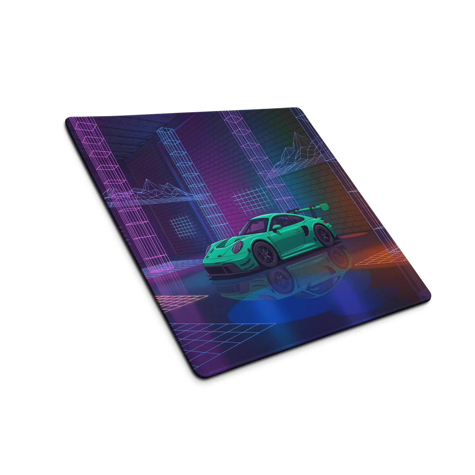 Porsche 911 GT3 RS Inspired Green Vaporwave Gaming Mouse Pad – Neon Cyberpunk Grid Showroom Desk Mat with Retro Futuristic Synthwave Art