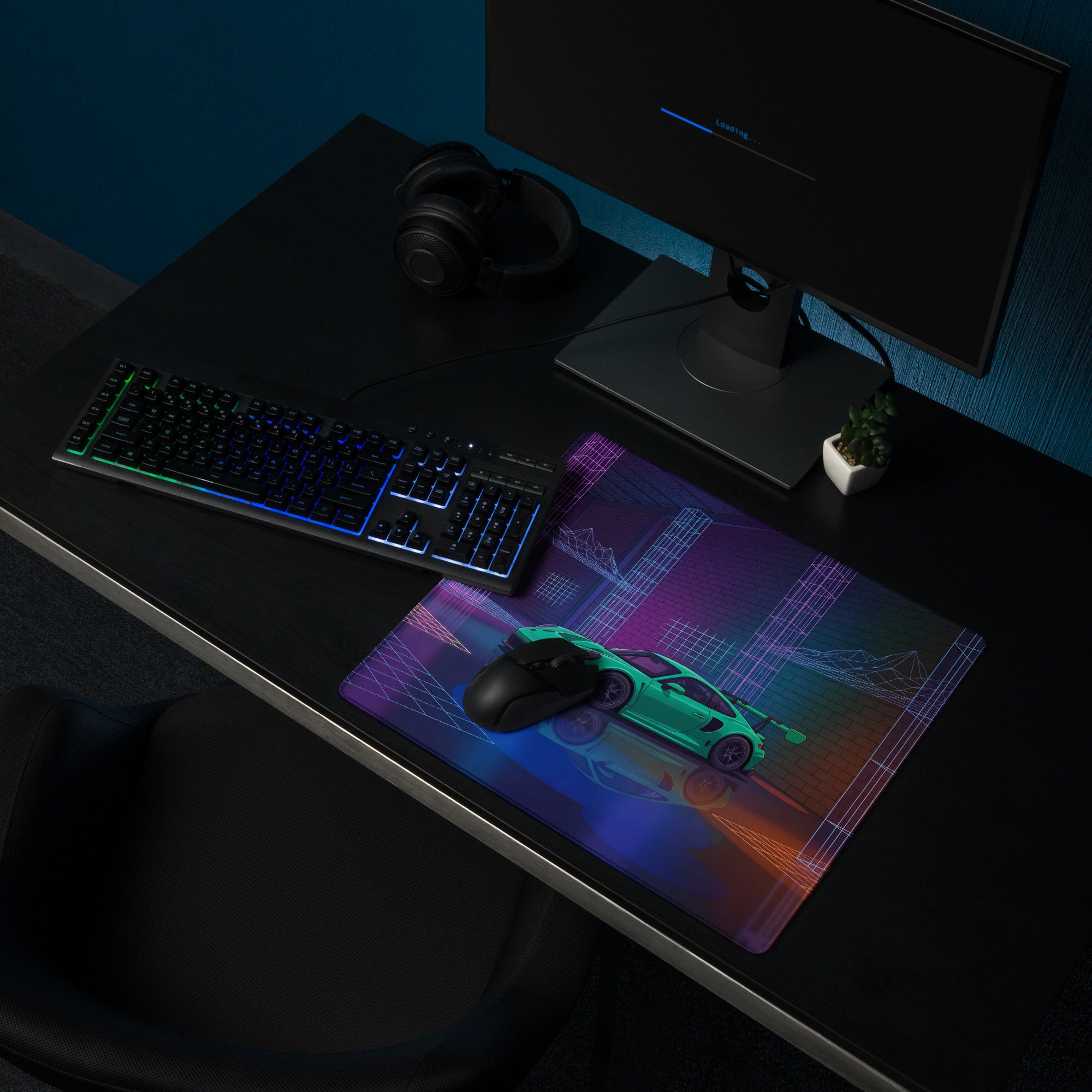 Porsche 911 GT3 RS Inspired Green Vaporwave Gaming Mouse Pad – Neon Cyberpunk Grid Showroom Desk Mat with Retro Futuristic Synthwave Art