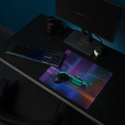 Porsche 911 GT3 RS Inspired Green Vaporwave Gaming Mouse Pad – Neon Cyberpunk Grid Showroom Desk Mat with Retro Futuristic Synthwave Art