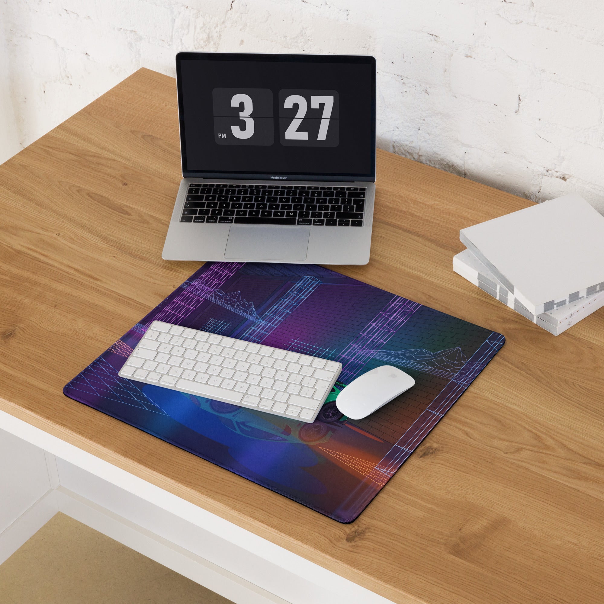 Porsche 911 GT3 RS Inspired Green Vaporwave Gaming Mouse Pad – Neon Cyberpunk Grid Showroom Desk Mat with Retro Futuristic Synthwave Art