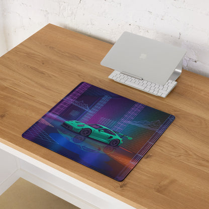 Porsche 911 GT3 RS Inspired Green Vaporwave Gaming Mouse Pad – Neon Cyberpunk Grid Showroom Desk Mat with Retro Futuristic Synthwave Art