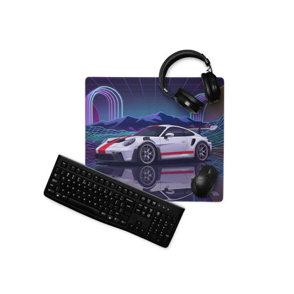 Porsche 911 GT3 RS Inspired White Red Vaporwave Gaming Mouse Pad – Neon Grid Mountain Desk Mat with Retro Futuristic Arches and Synthwave Racing Art