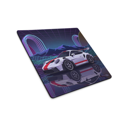 Porsche 911 GT3 RS Inspired White Red Vaporwave Gaming Mouse Pad – Neon Grid Mountain Desk Mat with Retro Futuristic Arches and Synthwave Racing Art