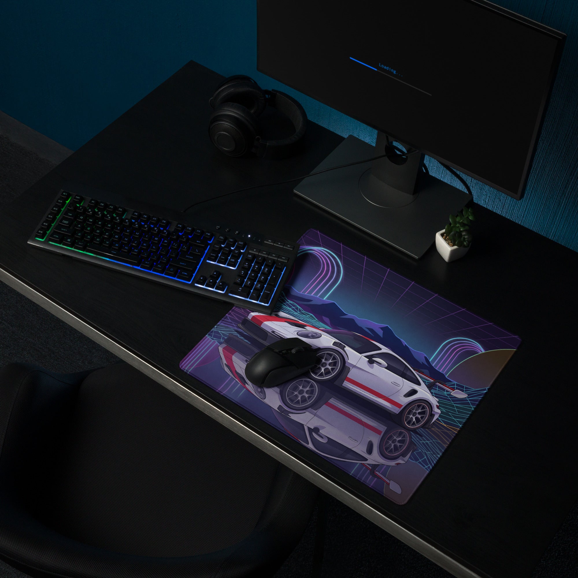 Porsche 911 GT3 RS Inspired White Red Vaporwave Gaming Mouse Pad – Neon Grid Mountain Desk Mat with Retro Futuristic Arches and Synthwave Racing Art