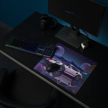 Porsche 911 GT3 RS Inspired White Red Vaporwave Gaming Mouse Pad – Neon Grid Mountain Desk Mat with Retro Futuristic Arches and Synthwave Racing Art