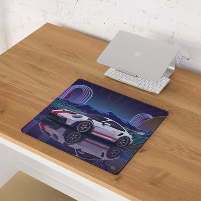 Porsche 911 GT3 RS Inspired White Red Vaporwave Gaming Mouse Pad – Neon Grid Mountain Desk Mat with Retro Futuristic Arches and Synthwave Racing Art