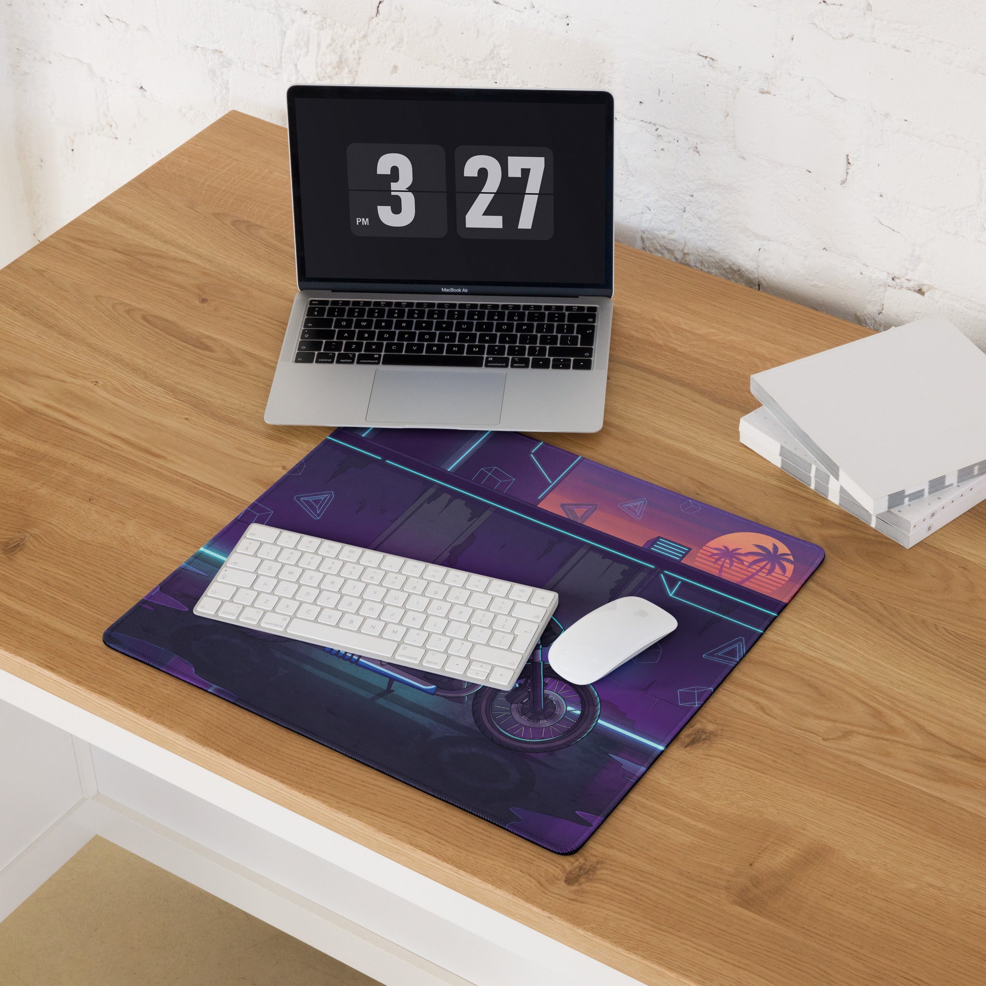 BMW R 18 Inspired Café Racer Purple Vaporwave Gaming Mouse Pad – Neon Cyberpunk Garage Desk Mat, Retro Futuristic Motorcycle Artwork