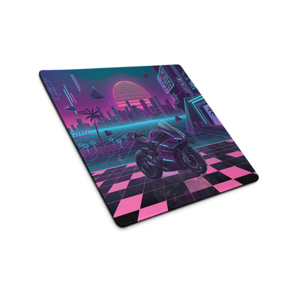 Ducati Superleggera Inspired Purple Pink Vaporwave Gaming Mouse Pad – Neon Cyberpunk City Desk Mat, Retro Futuristic Superbike Digital Artwork