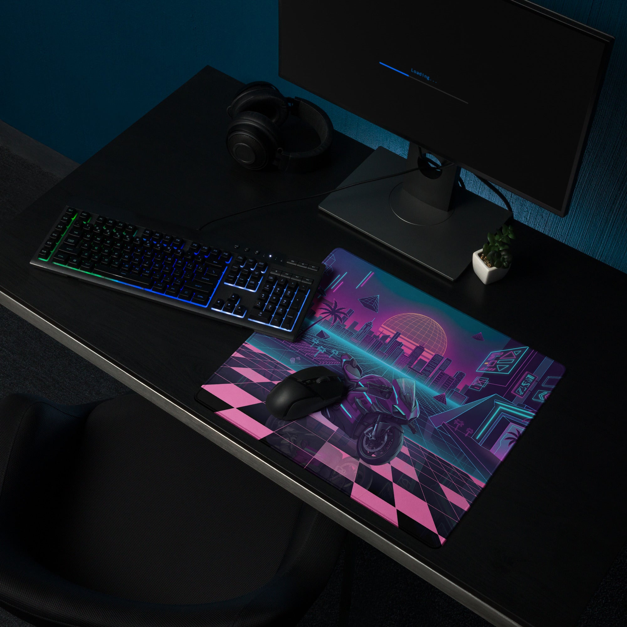Ducati Superleggera Inspired Purple Pink Vaporwave Gaming Mouse Pad – Neon Cyberpunk City Desk Mat, Retro Futuristic Superbike Digital Artwork