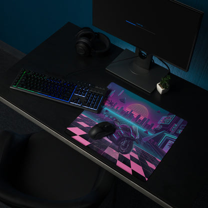 Ducati Superleggera Inspired Purple Pink Vaporwave Gaming Mouse Pad – Neon Cyberpunk City Desk Mat, Retro Futuristic Superbike Digital Artwork