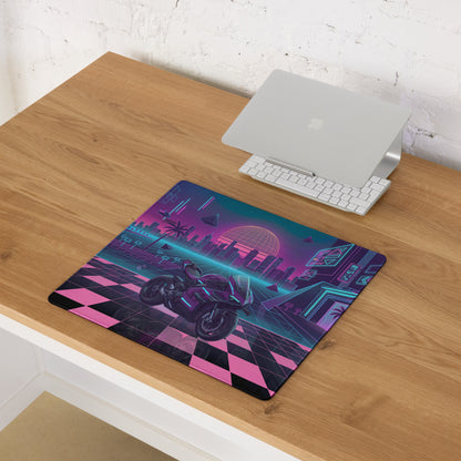 Ducati Superleggera Inspired Purple Pink Vaporwave Gaming Mouse Pad – Neon Cyberpunk City Desk Mat, Retro Futuristic Superbike Digital Artwork
