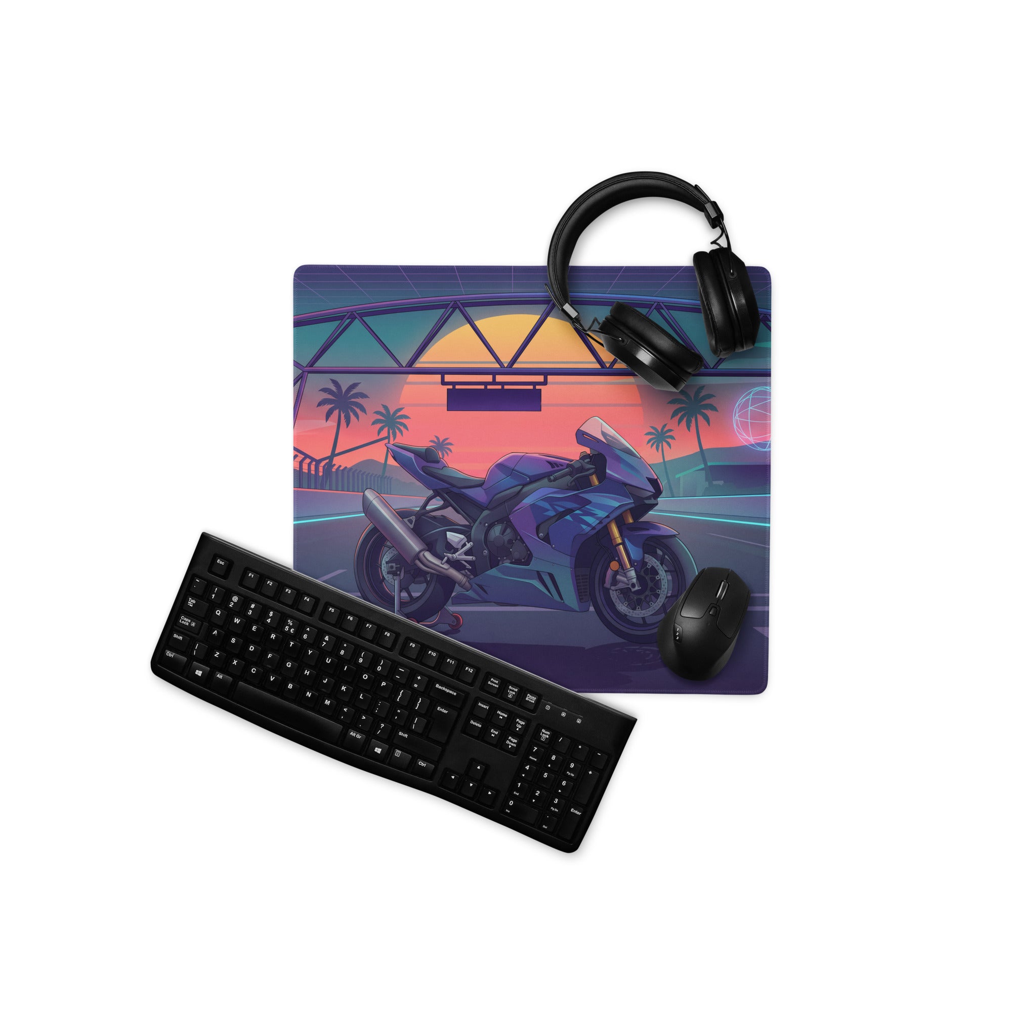 Honda CBR1000RR Fireblade Inspired Blue Vaporwave Gaming Mouse Pad – Neon Sunset Racetrack Desk Mat, Retro Futuristic Superbike Digital Artwork