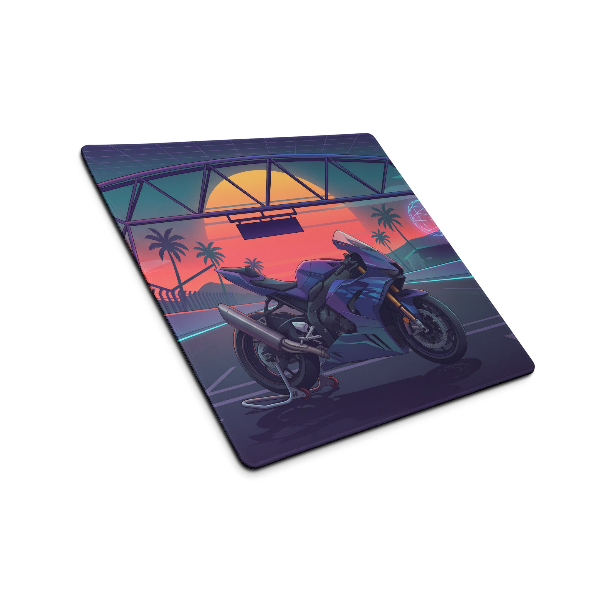 Honda CBR1000RR Fireblade Inspired Blue Vaporwave Gaming Mouse Pad – Neon Sunset Racetrack Desk Mat, Retro Futuristic Superbike Digital Artwork