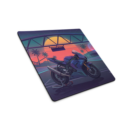 Honda CBR1000RR Fireblade Inspired Blue Vaporwave Gaming Mouse Pad – Neon Sunset Racetrack Desk Mat, Retro Futuristic Superbike Digital Artwork