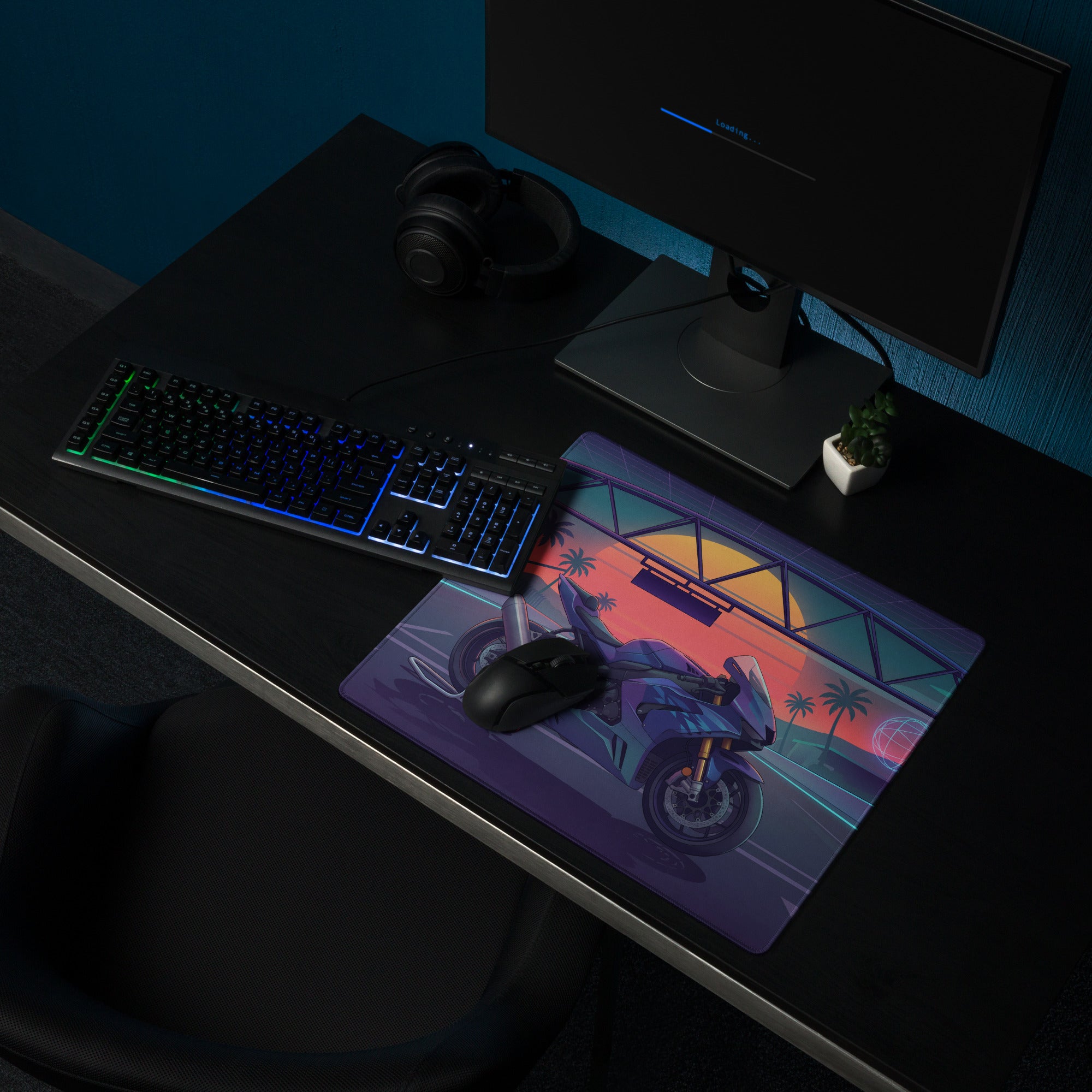 Honda CBR1000RR Fireblade Inspired Blue Vaporwave Gaming Mouse Pad – Neon Sunset Racetrack Desk Mat, Retro Futuristic Superbike Digital Artwork