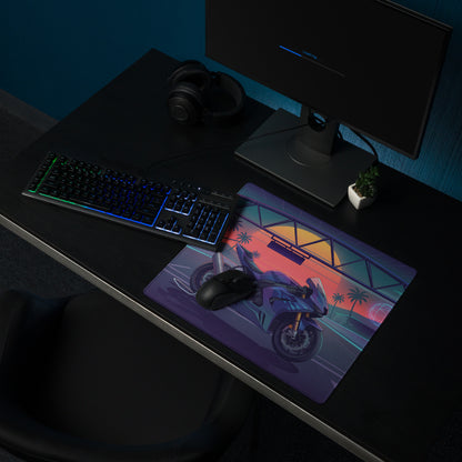 Honda CBR1000RR Fireblade Inspired Blue Vaporwave Gaming Mouse Pad – Neon Sunset Racetrack Desk Mat, Retro Futuristic Superbike Digital Artwork