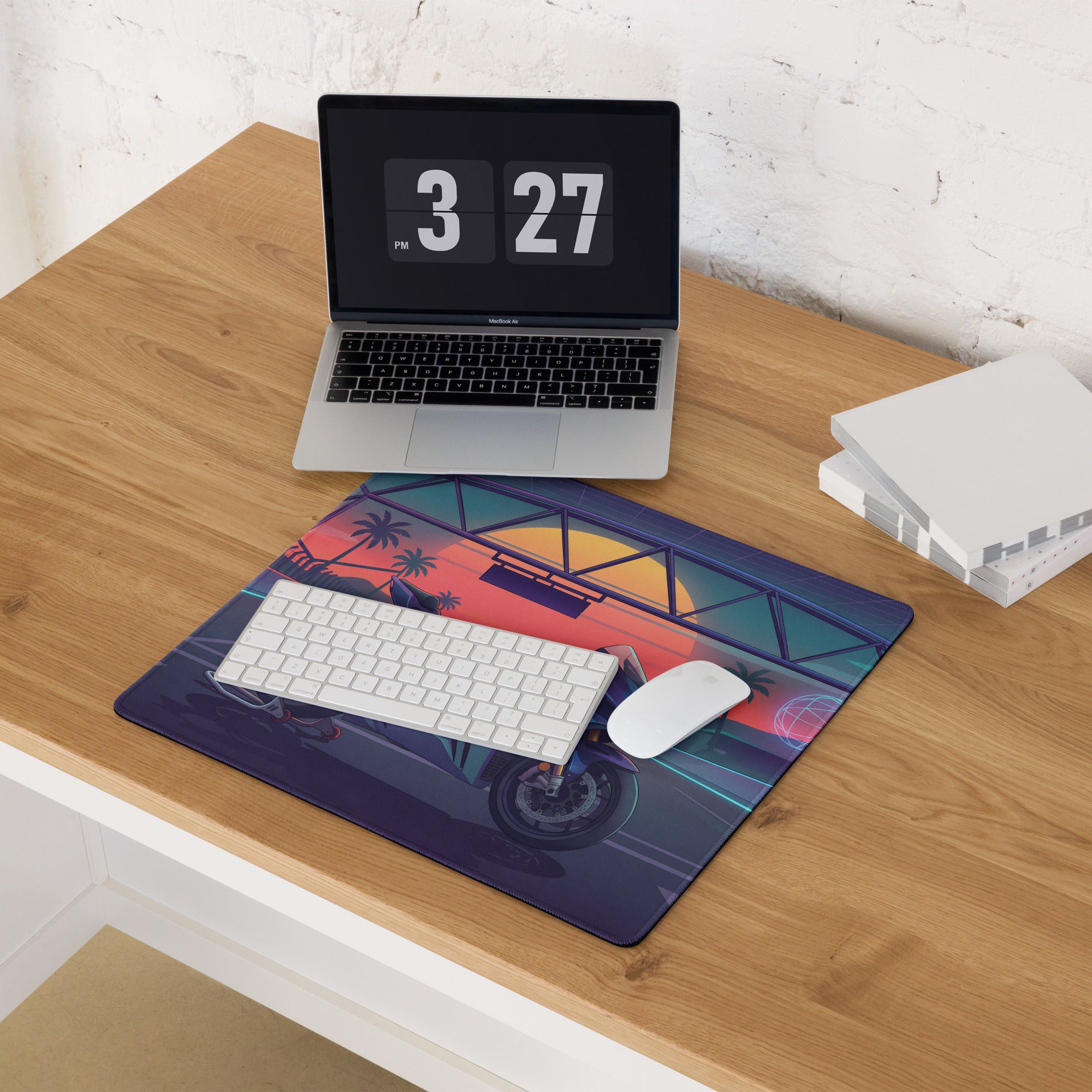 Honda CBR1000RR Fireblade Inspired Blue Vaporwave Gaming Mouse Pad – Neon Sunset Racetrack Desk Mat, Retro Futuristic Superbike Digital Artwork