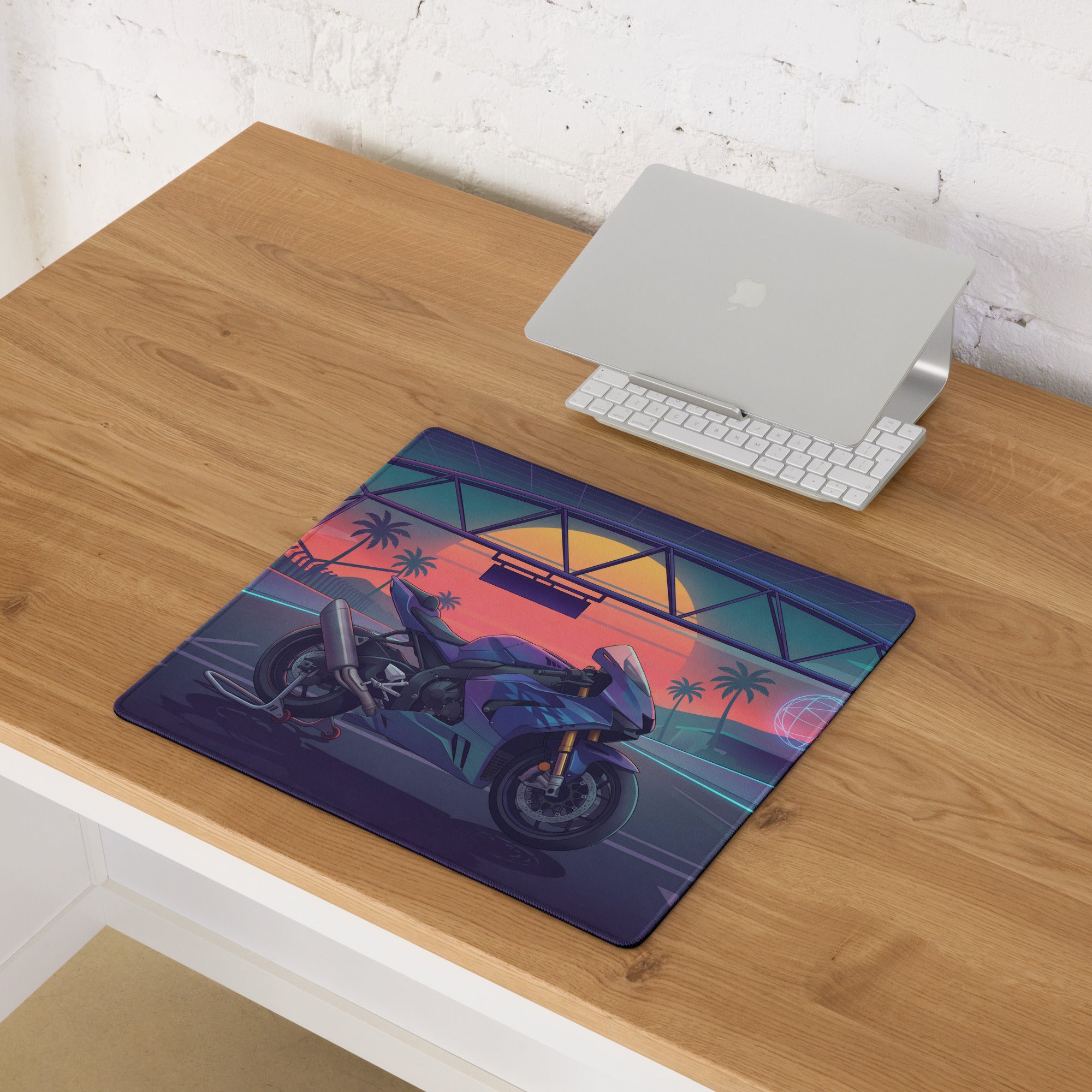 Honda CBR1000RR Fireblade Inspired Blue Vaporwave Gaming Mouse Pad – Neon Sunset Racetrack Desk Mat, Retro Futuristic Superbike Digital Artwork